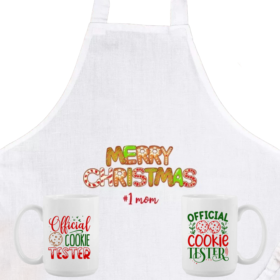 Personalized Gingerbread Apron & Two Mugs Set | Official Cookie Tester Christmas Gift | Custom Holiday Baking Set Things Engraved
