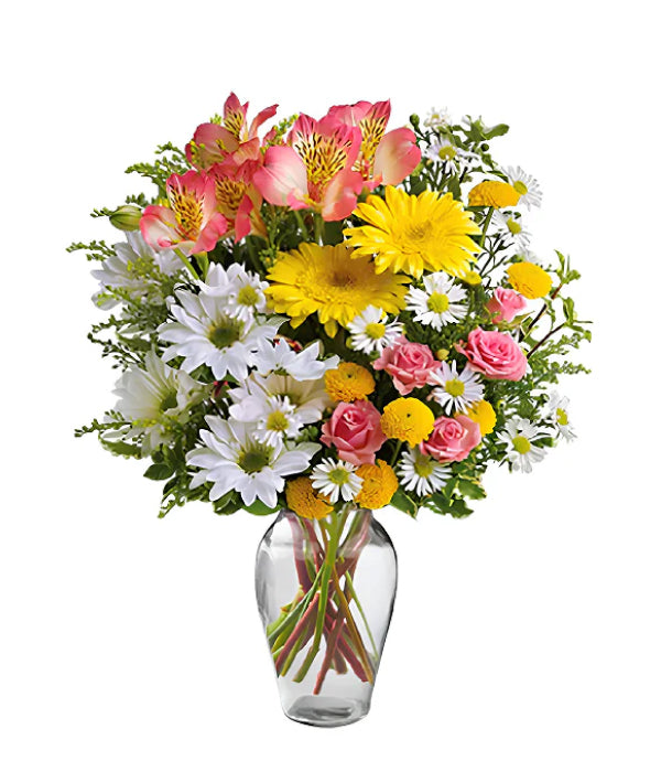 Colorful flower bouquet in vase.