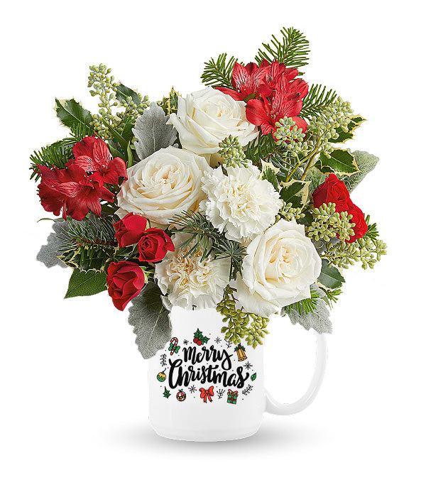 Merry Christmas flower bouquet in a mug.