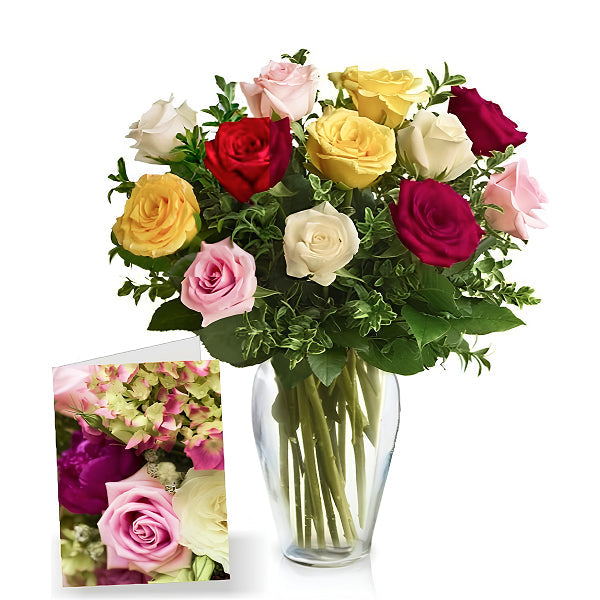 colorful roses in a vase and a greeting card