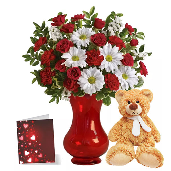 Red & White Flower Bouquet with Teddy Bear