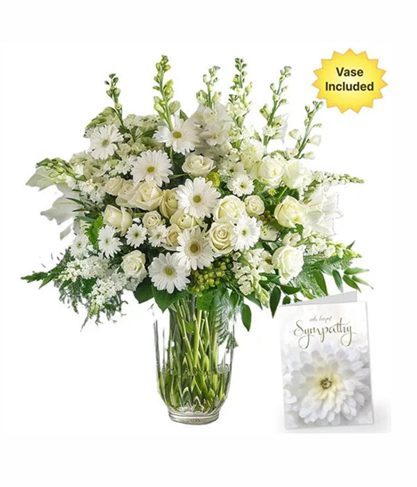 Sympathy Florist's Choice white flower bouquet with vase and card
