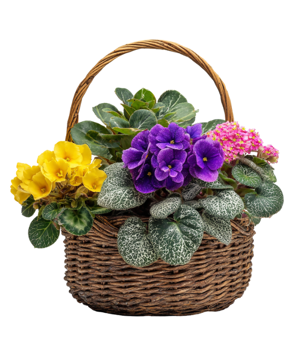 Blooming planter basket with yellow, purple, and pink flowers