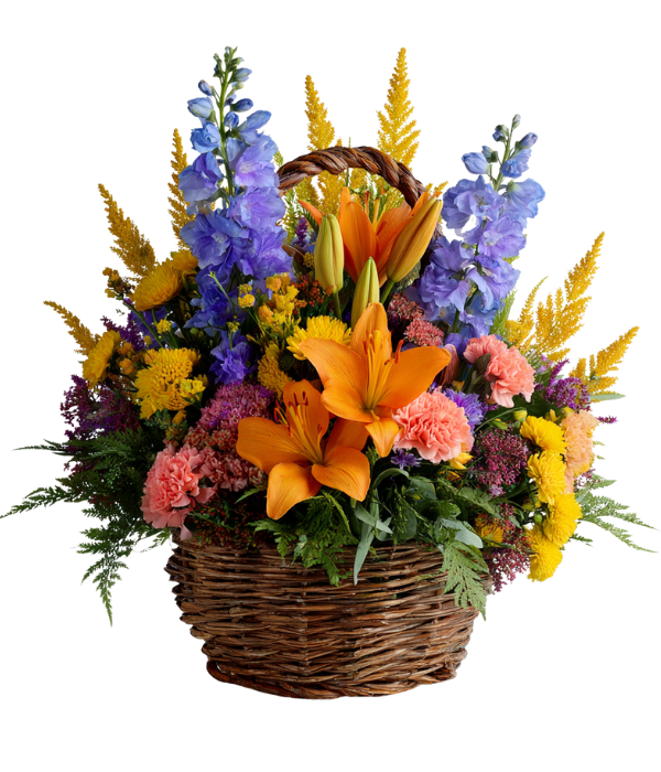 Basket of mixed colorful flowers