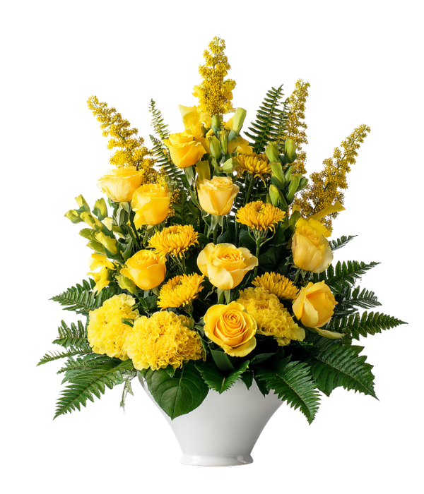 Yellow rose flower arrangement in white vase