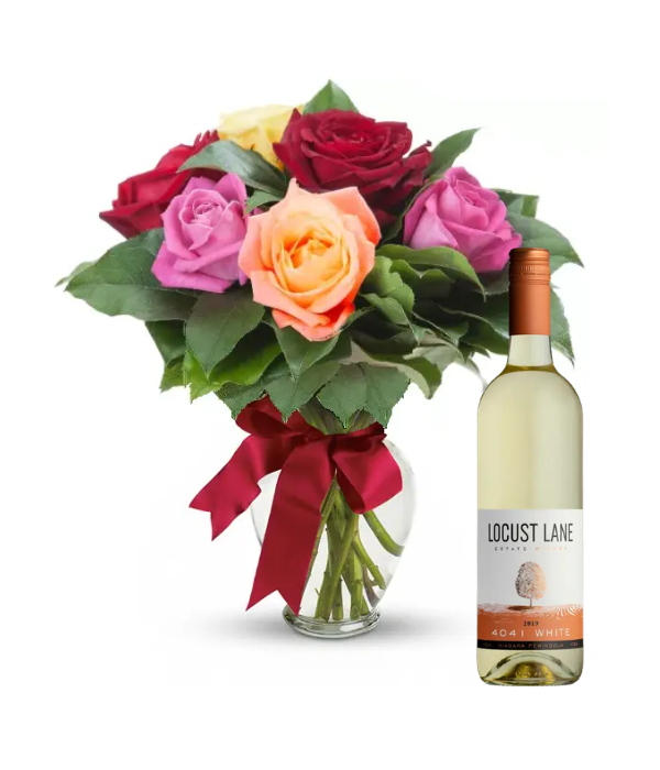 Mixed Summer Roses & White Wine Gift Set