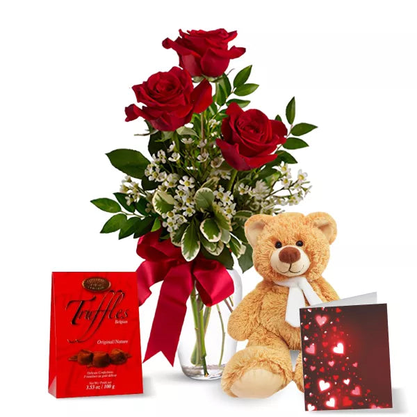 flowers truffles and plush bear